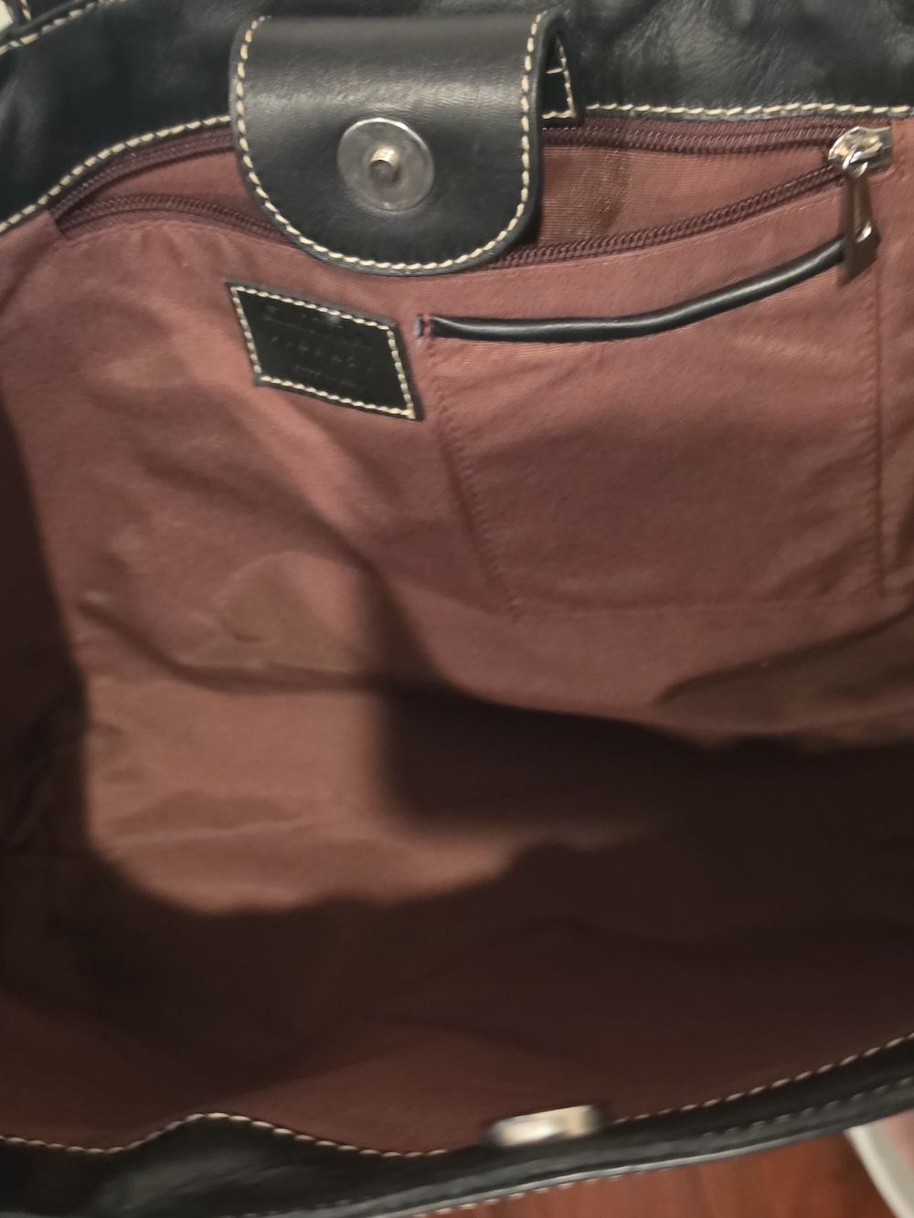 Women’s Black Leather Tote Bag with Burgundy Lining
